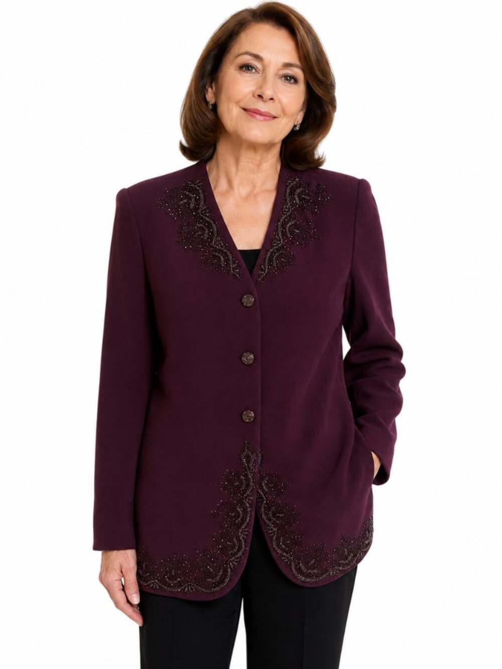 John Meyer of Norwich Vintage 100% Wool Beaded Blazer Jacket Plum Purple Size 16